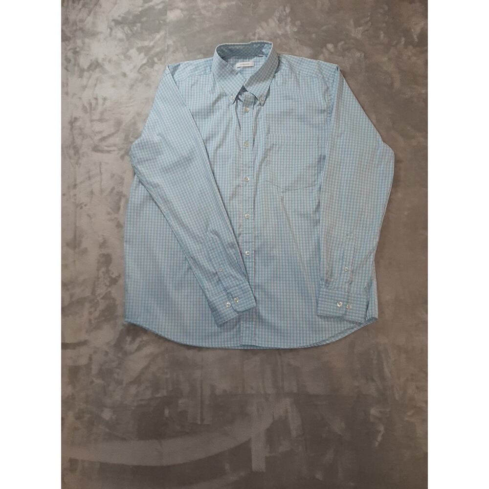 Oliver Ridley Mens Large Dress Shirt Blue Pink Green Plaid Button Up Long Sleeve